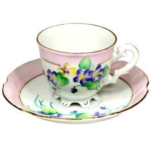 Hal-Sey Fifth Ave Violets Teacup & Saucer Footed Pink Rim Gold Trim Vintage